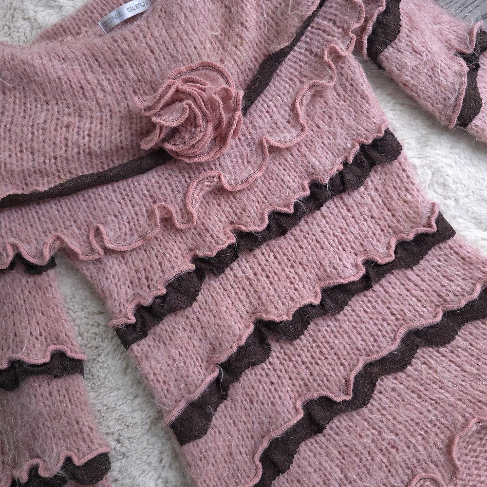 Vintage Zone Bleue Ballet Fairy Rosette Off-Shoulder Ruffle Sweater Tunic Top - Picture 5 of 9